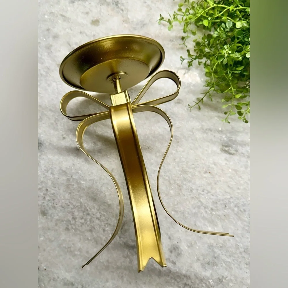 New Gold Bow Holiday Birthday Metal Pillar Candle Holder Home Decor - 8”
